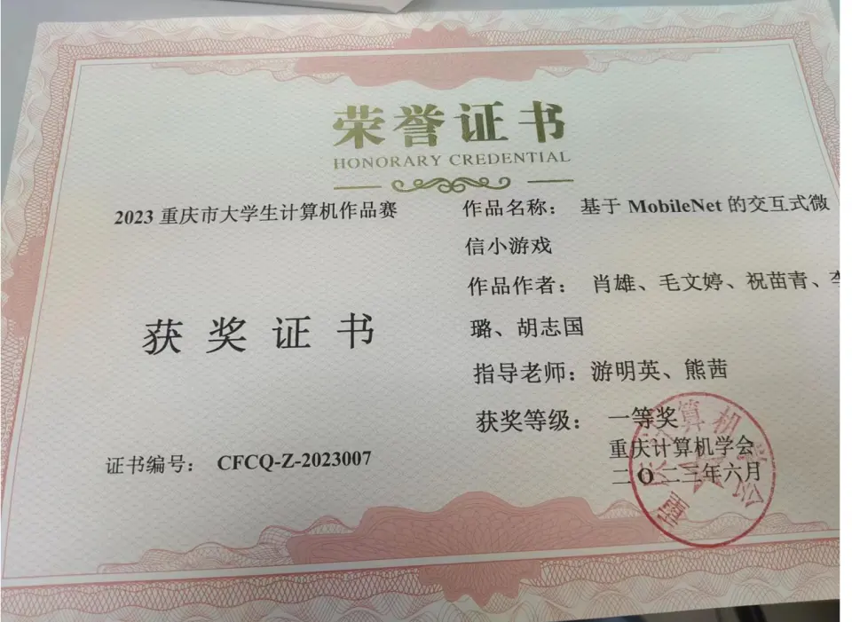 重庆市大学生计算机作品赛证书